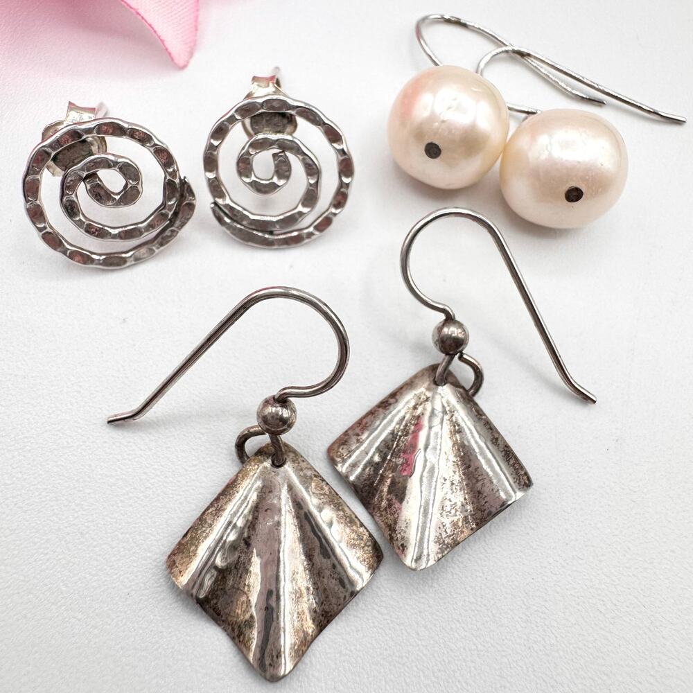 Silver Earring Lot Three Pair Spiral Drop Pearl Dangle Hammered Brutalist Tested